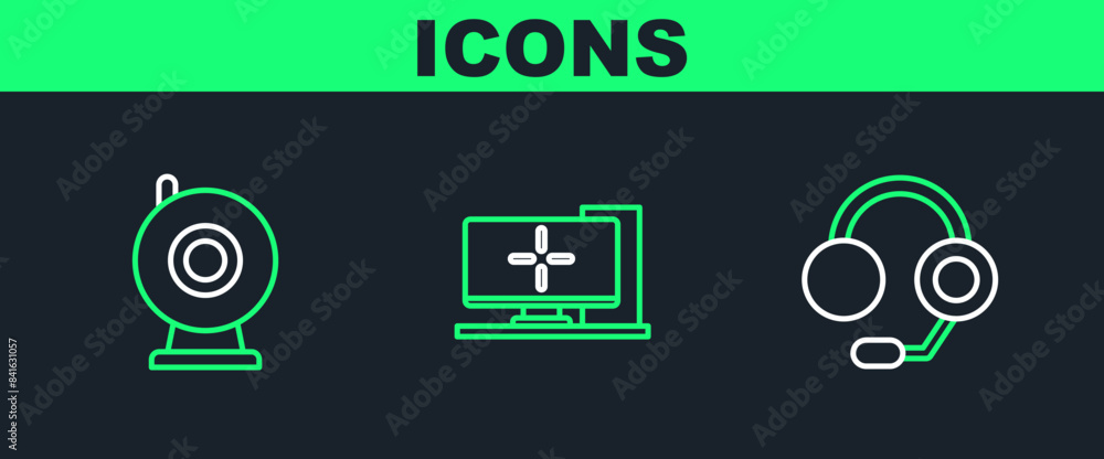 Poster set line headphones, web camera and computer monitor icon. vector