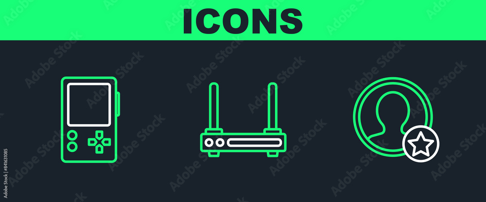 Poster set line premium create account screen, portable video game console and router and wi-fi signal icon