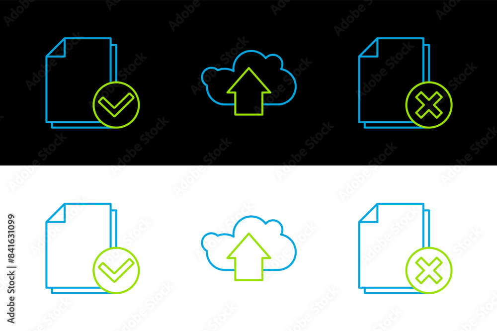 Poster set line delete file document, document and check mark and cloud upload icon. vector