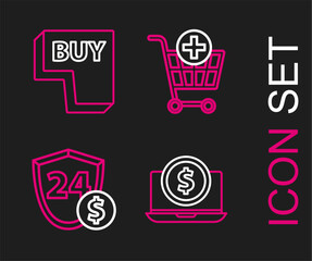 Set line Laptop with dollar, Shield, Add Shopping cart and Buy button icon. Vector