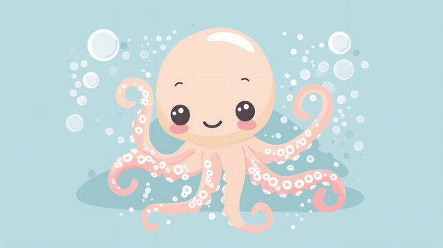 recommend clip art: Illustration of Adorable Baby Octopus with white Bubbles on Blue Background. Flat design 