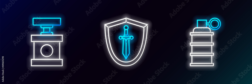 Poster set line hand grenade, handle detonator for dynamite and medieval shield with sword icon. glowing ne