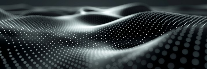 Abstract Digital Landscape With Flowing Waves Of Dots On Dark Background. Dynamic Black Pattern