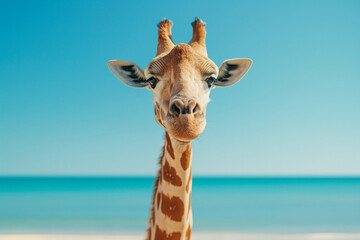 Naklejka premium A giraffe facing the camera with the ocean and clear sky in the background.