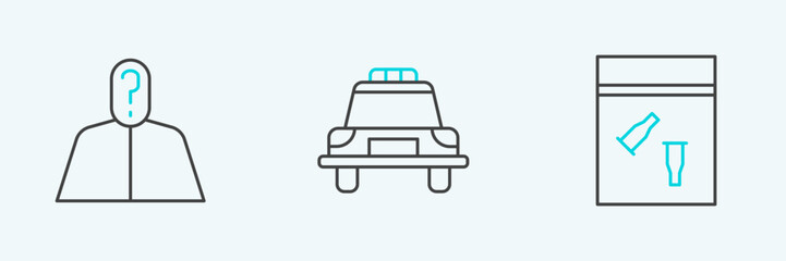 Set line Evidence bag and bullet, Anonymous with question mark and Police car flasher icon. Vector