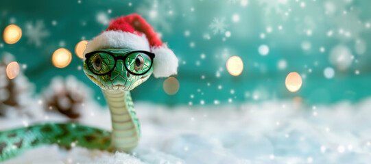 Snake with a Santa hat and glasses in a snowy setting with Christmas lights and snowflakes in the background..