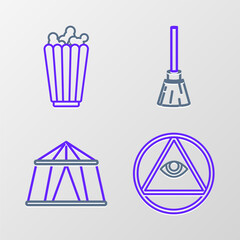 Set line Masons, Circus tent, Witches broom and Popcorn in box icon. Vector