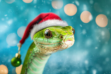 Closeup of a green snake wearing a Santa hat with a festive Christmas background of snow and lights..
