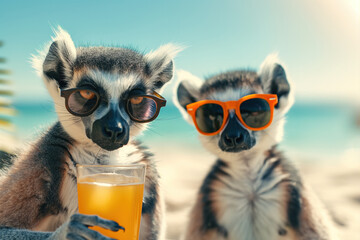 Two lemurs wearing sunglasses, one holding a glass of orange juice, on a beach with blue sky background.