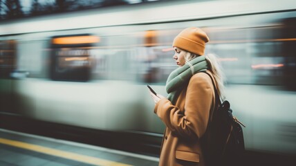 Woman in Brown Coat Texting on Train Platform with Blurred Passing Train