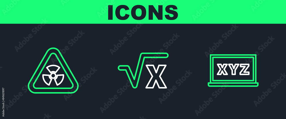 Poster set line xyz coordinate system, triangle with radiation and square root of x glyph icon. vector