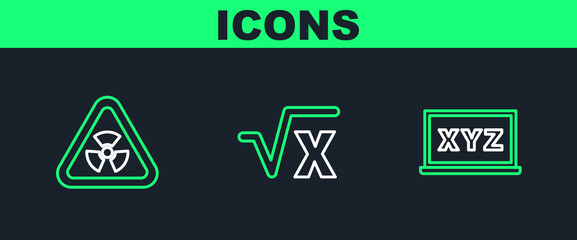 Set line XYZ Coordinate system, Triangle with radiation and Square root of x glyph icon. Vector