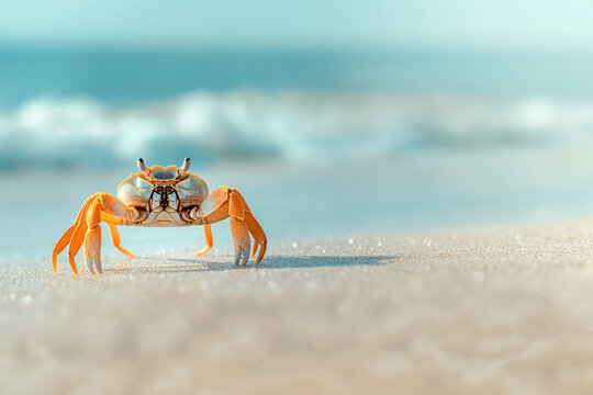 Yellow crab on sandy beach with ocean in background..