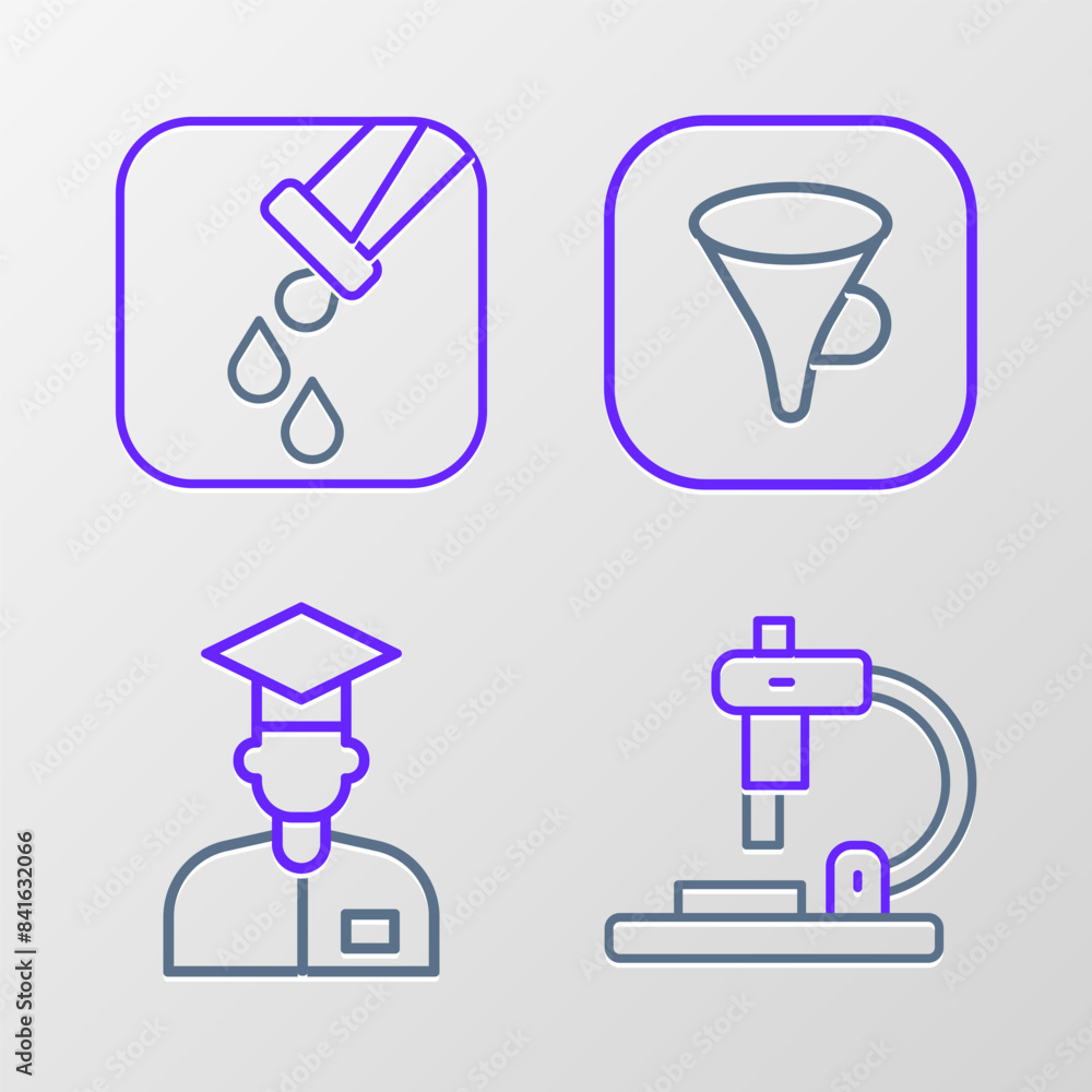 Poster set line microscope, laboratory assistant, funnel filter and test tube and flask icon. vector