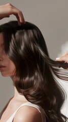 Fototapeta premium Portrait of young beautiful woman with long glossy hair