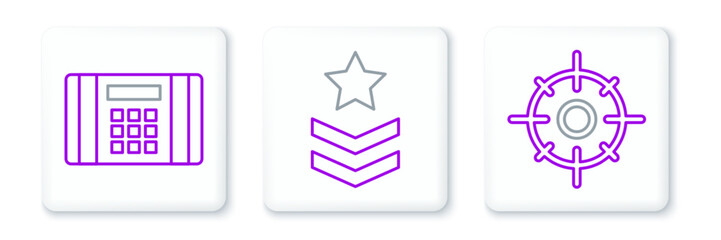 Obraz premium Set line Target sport, Dynamite bomb and Military rank icon. Vector