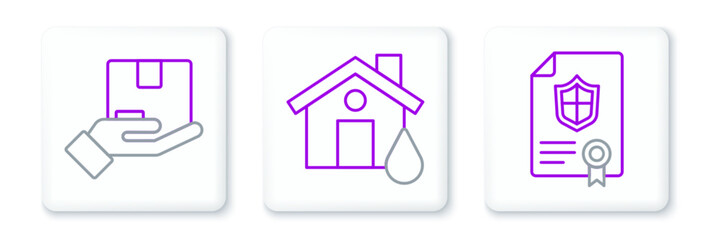 Set line Contract with shield, Delivery insurance and House flood icon. Vector