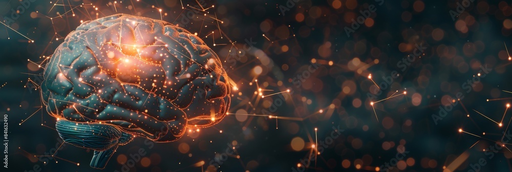 Poster glowing digital brain with neural connections on futuristic dark abstract background
