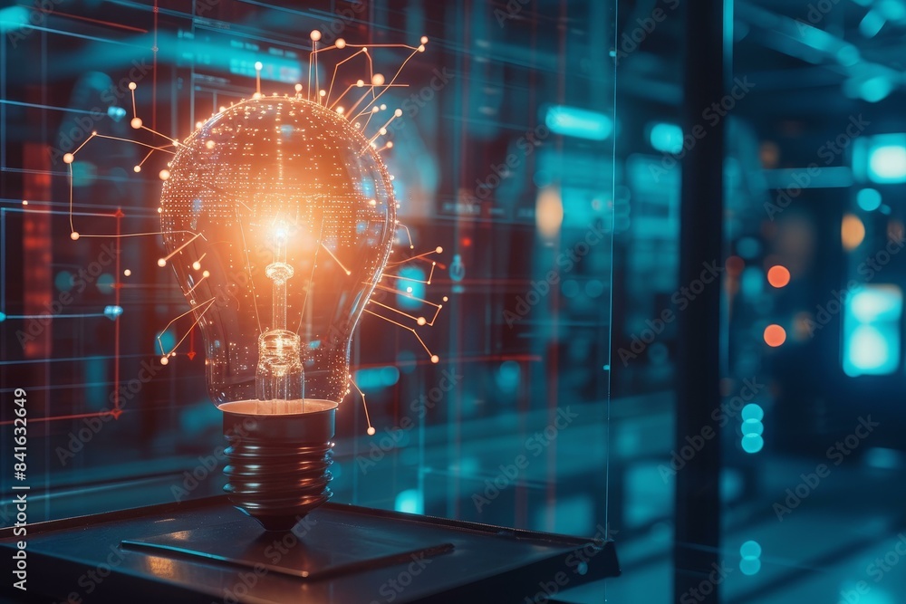 Poster conceptual image of a light bulb with glowing electronic circuits, symbolizing innovation and techno