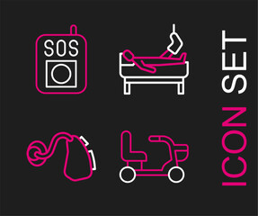 Set line Electric wheelchair, Hearing aid, Patient with broken leg and Press the SOS button icon. Vector