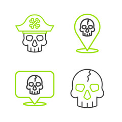 Set line Skull, Location pirate and Pirate captain icon. Vector