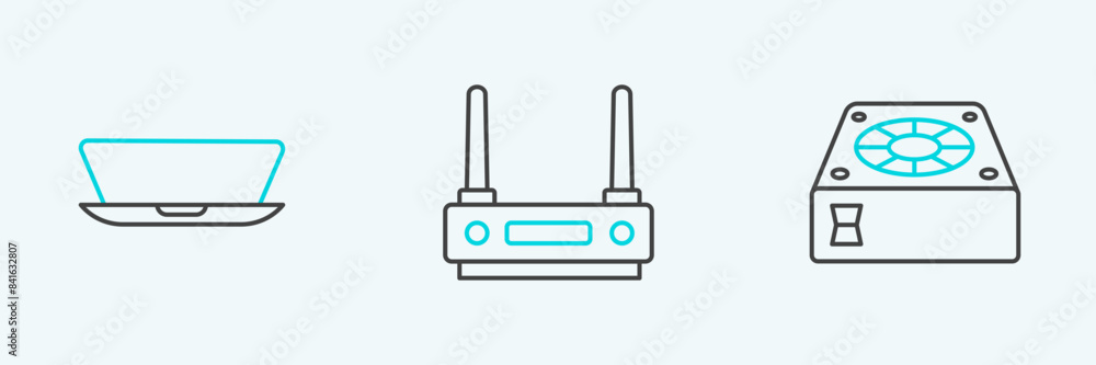 Poster set line computer cooler, laptop and router and wi-fi signal icon. vector