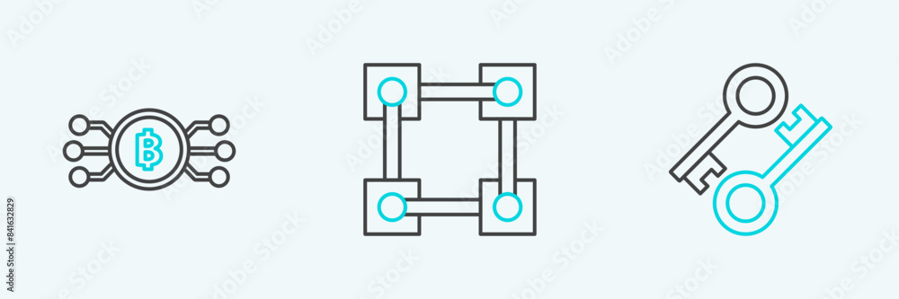 Poster set line cryptocurrency key, bitcoin in circle with microchip circuit and blockchain technology icon