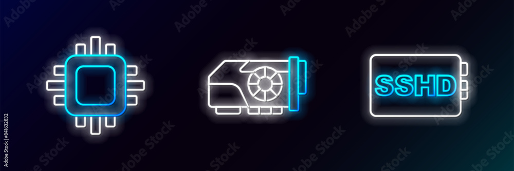 Poster set line sshd card, processor with cpu and video graphic icon. glowing neon. vector