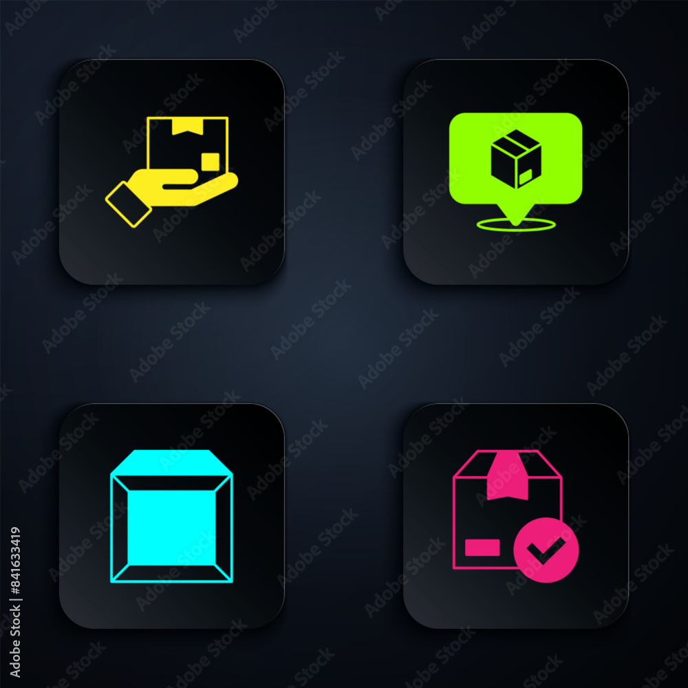 Poster set ackage box with check mark, delivery hand, carton cardboard and location. black square button. v