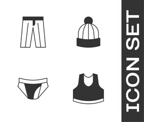 Set Undershirt, Pants, Men underpants and Winter hat icon. Vector