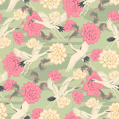 seamless vector floral pattern with herons and decorative chrysanthemums