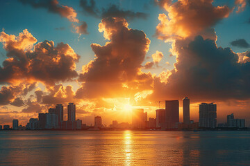 Dramatic Sunrise Over a Coastal City Skyline with Golden Reflections on the Water