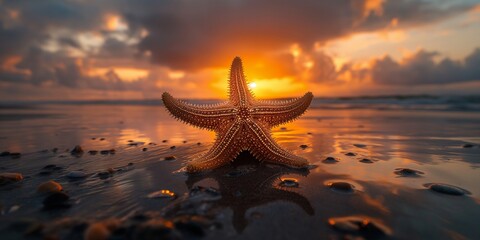 Fototapeta na wymiar Starfish on a sandy beach during sunset. Summer vacation and travel concept. Design for poster, wallpaper, banner with copy space. 