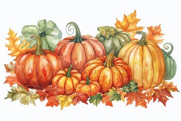 Festive Autumn Harvest Gourd Card with Colorful Pumpkins and Watercolor Illustration
