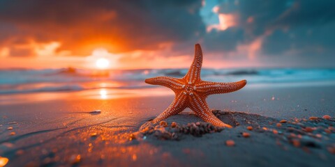Fototapeta na wymiar Starfish on a sandy beach during sunset. Summer vacation and travel concept. Design for poster, wallpaper, banner with copy space. 