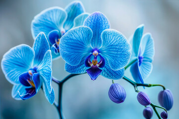 Close-up orchid branch with blue flowers isolated on blurred background