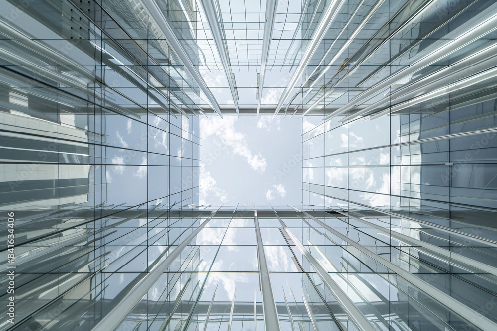 Poster looking up through modern glass architecture towards the sky revealing reflections and geometric pat