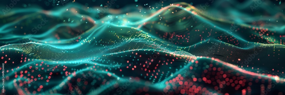 Poster abstract digital waves with glowing particles on dark background. futuristic wave pattern banner