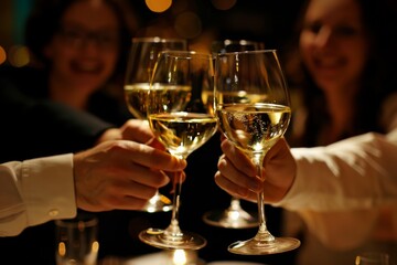 A group of friends are celebrating with glasses of white wine, toasting in a festive atmosphere of joy and togetherness. The closeup depicts a glamorous and warm gathering with smiles and happiness