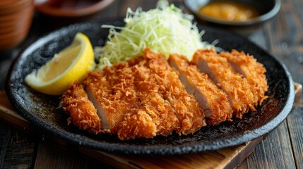 Plate of tonkatsu with shredded cabbage and a lemon wedge on the side 