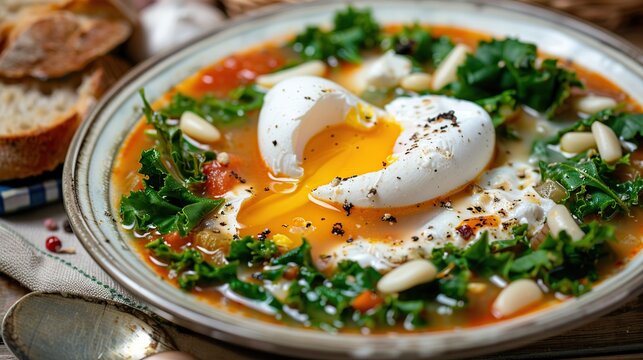 Tasty Portuguese Acorda soup with greens, garlic, bread and poached egg close up . Generative Ai