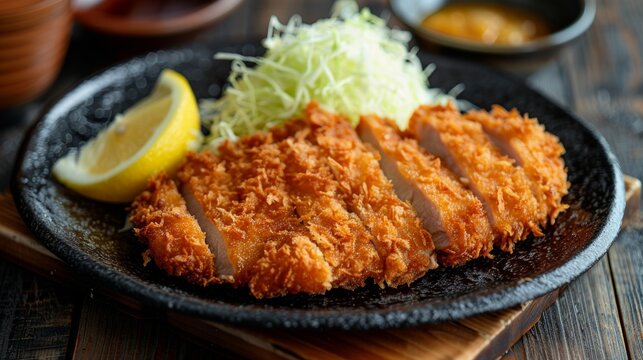 Plate of tonkatsu with shredded cabbage and a lemon wedge on the side 