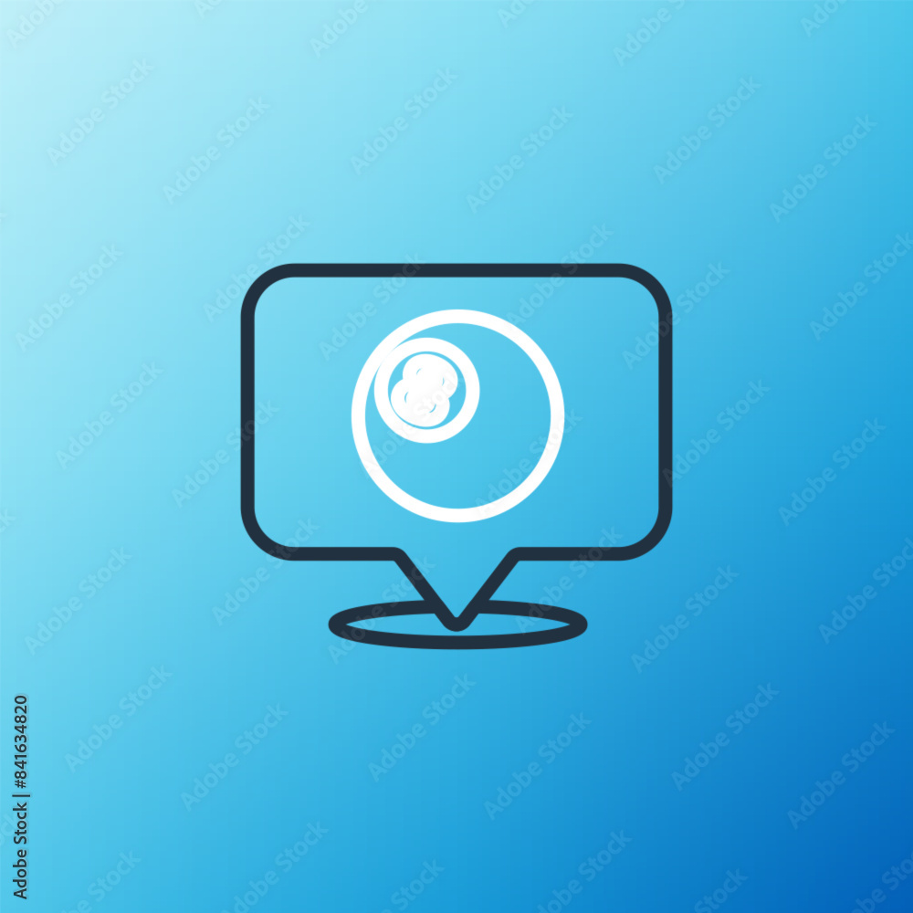Poster line map pointer with billiard pool snooker ball with number 8 icon isolated on blue background. col