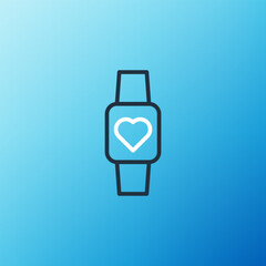 Line Smart watch showing heart beat rate icon isolated on blue background. Fitness App concept. Colorful outline concept. Vector