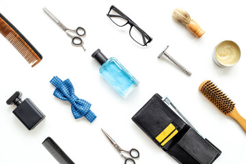 Men beauty concept with accessories and shaving tools with cosmetic beauty products