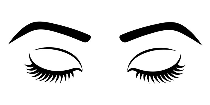 Woman eyes with eyebrows illustration. Elegant eye makeup icon. Mascara lash logo. Closed woman eyes symbol. Long lashes sign.