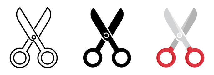Open scissors icon set. Red scissors symbol. Black filled cut tool sign. Outline shear illustration.
