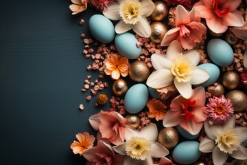 Obraz premium Easter pastel background with colorful easter eggs and daffodils. --ar 3:2 --stylize 1000 Job ID: 46762e84-6e78-4e1c-b5b0-0ab85ea6e751