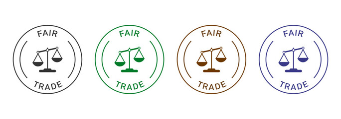 Fair trade label vector design for packaging. Scales balance color sticker. Illustration, logo, symbol, sign, stamp, tag, emblem, mark or seal for package.