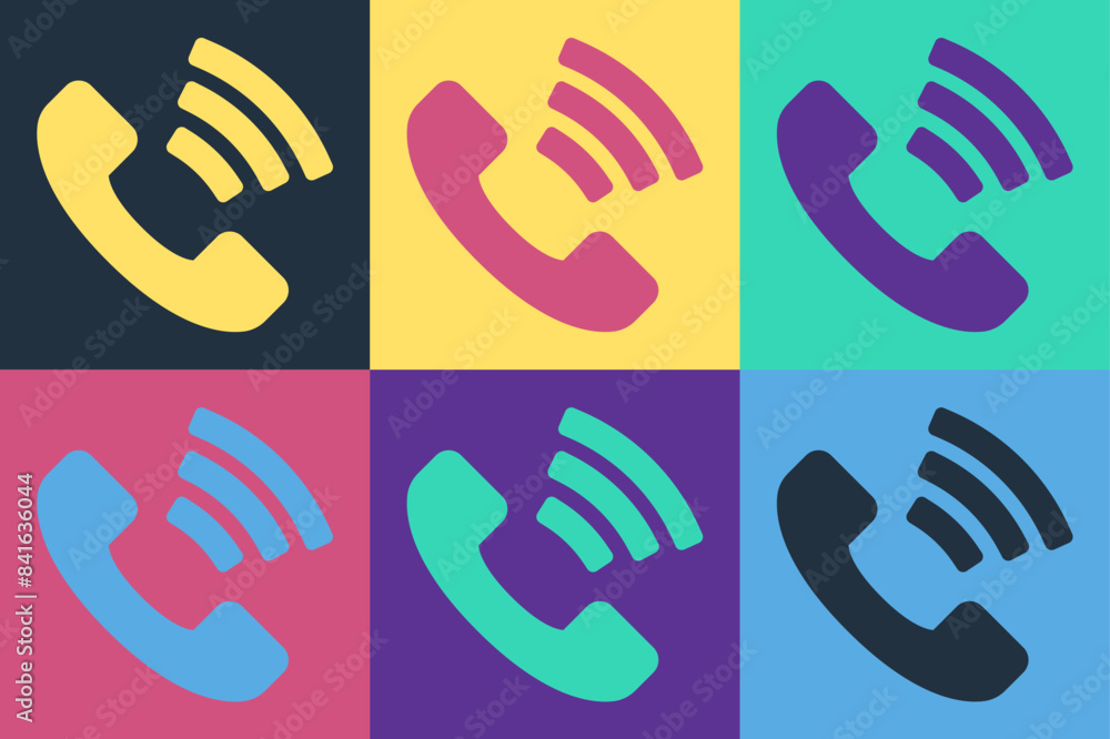 Poster pop art telephone 24 hours support icon isolated on color background. all-day customer support call-
